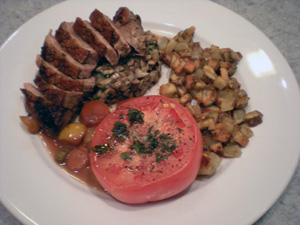 Duck, Slow Roasted Tomato, Mushroom Duxelle, Crispy Potatoes