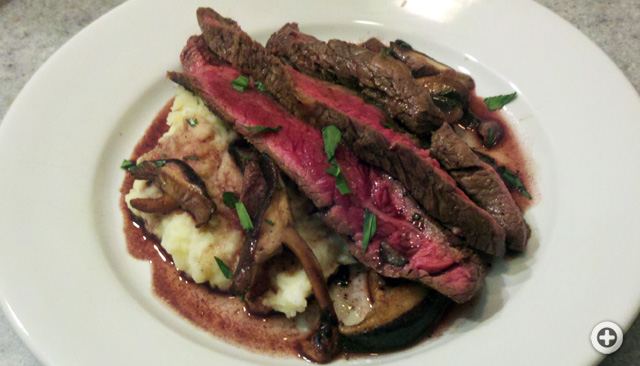 Hanger Steak, whipped garlic potatoes, mushroom with Red Zenfandel Reduction