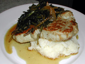 Pork Chop, Braised Dandelion Greens, Ricotta Whipped Potatoes with Apple Jus