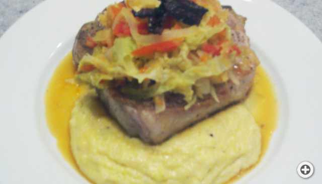 Local Pork Chops, Creamy Grits, Quick Chow Chow