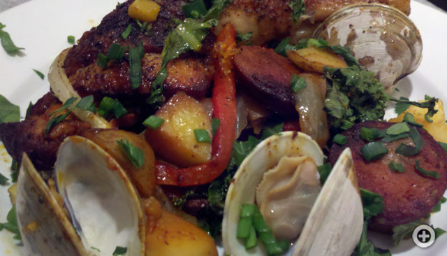 Portuguese Chicken, chorizo and clams