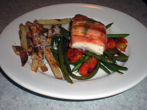 Prosciutto Wrapped Halibut, Haricot Verts, Baked Duck Fat Fries