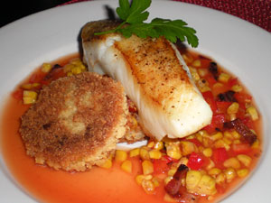 Sea Bass, Polenta Cakes, Corn Salad with Jalapeño-tomato Broth